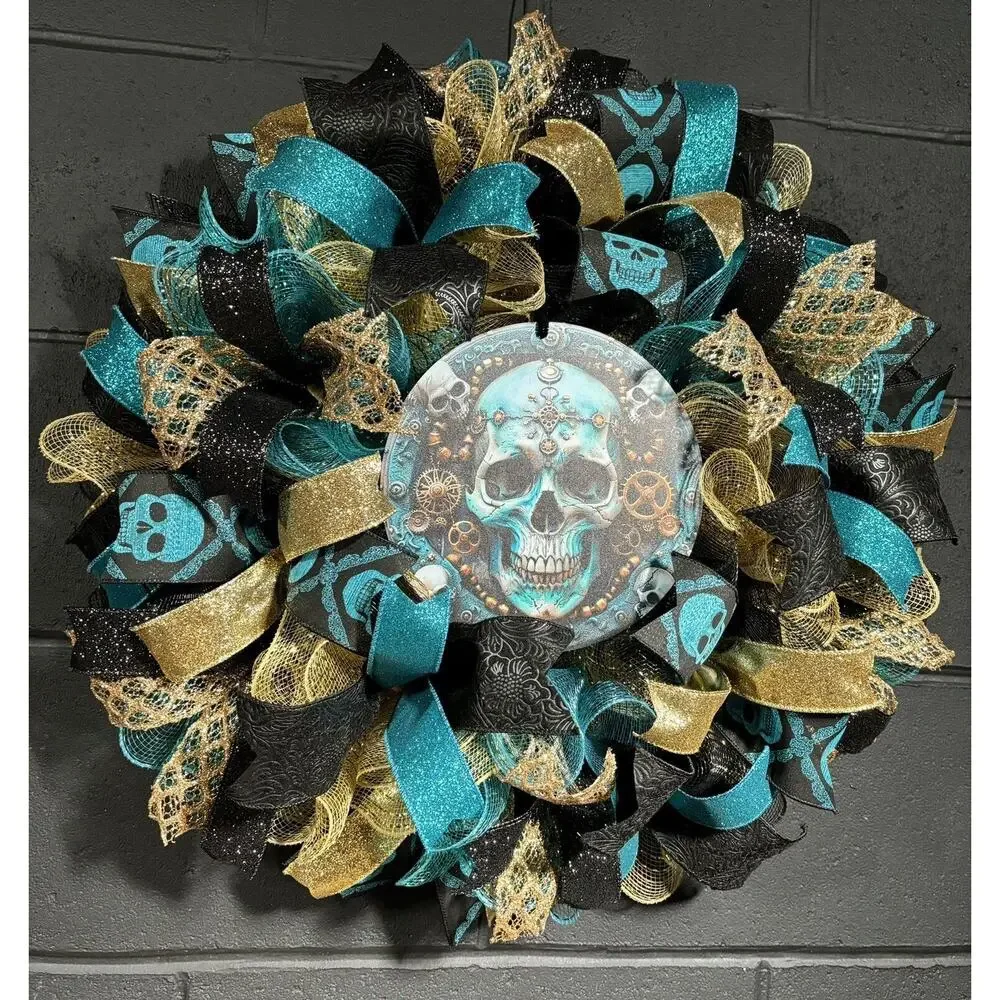 Handmade Halloween Wreath Teal Blue & Gold Steampunk Skull 24 Inch Deco Mesh